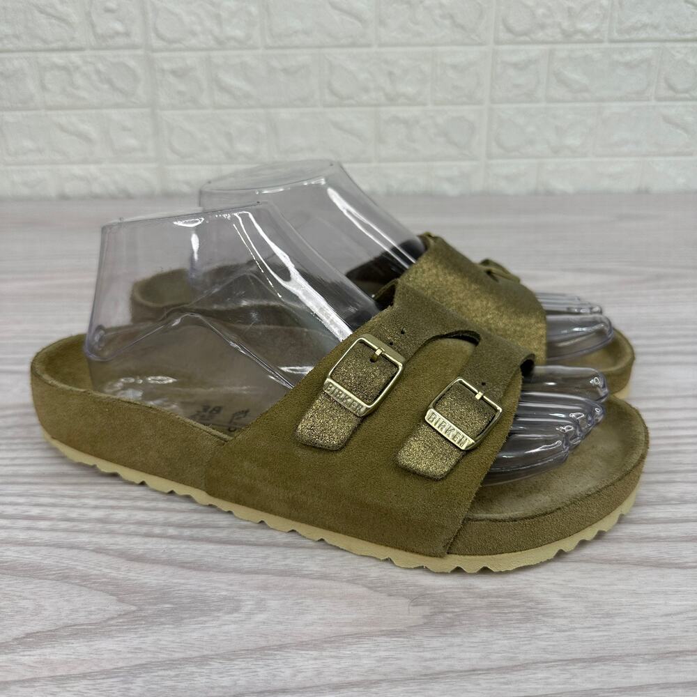 Birkenstock Vaduz Slide Sandals Sz 38 Gold Metallic Suede Leather Slip On Buckle